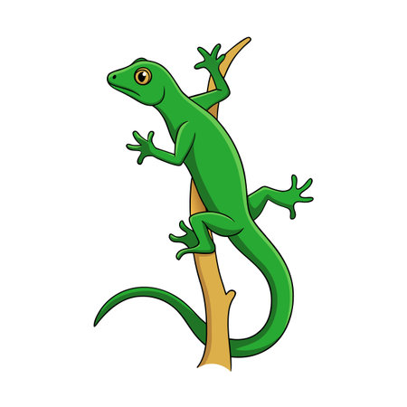 Cartoon illustration of a green lizard climbing a brown branch on white backgroundのイラスト素材