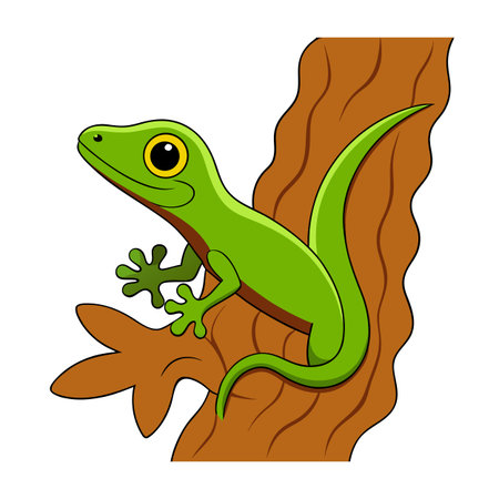Cartoon Gecko Climbing a Tree Branch, Simple Illustration with Bold Outlineのイラスト素材