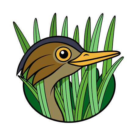 Cartoon bittern bird hiding in green tall grass in a circle emblemのイラスト素材