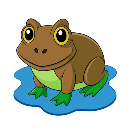 Cartoon Brown Frog Sitting in Pond with Green Legs and Big Yellow Eyesのイラスト素材
