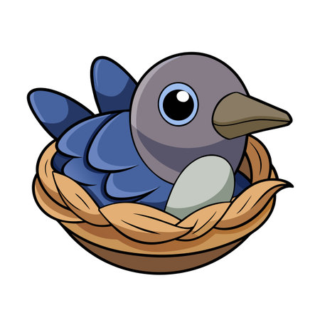 Cute cartoon bluebird sitting in a nest with an egg waiting to hatchのイラスト素材
