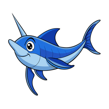 Cartoon Blue Marlin Swimming with a Smiling Expression on White Backgroundのイラスト素材
