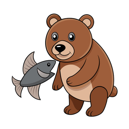 Cartoon Brown Bear with Fish Vector Illustration on White Backgroundのイラスト素材