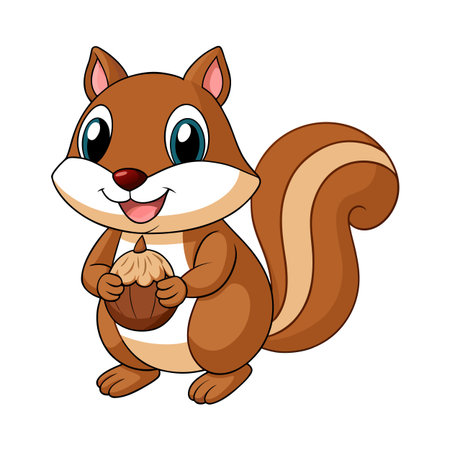 Cartoon squirrel holding an acorn with big eyes and expressive featuresのイラスト素材