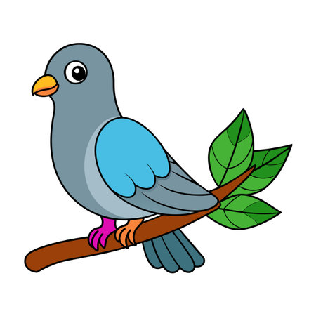 Cartoon Bird Perched on Branch with Green Leaves Against White Backgroundのイラスト素材