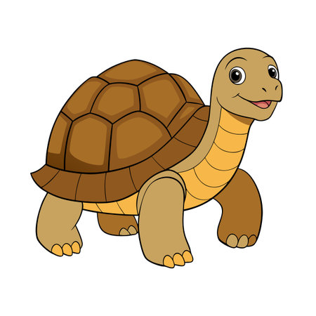Friendly cartoon turtle with brown shell walks across white background illustration