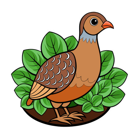 Cartoon partridge illustration in a thicket of leaves, cheerful and colorful designのイラスト素材