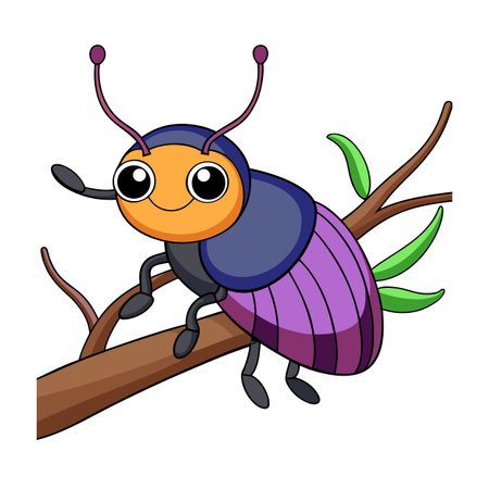 Cartoon beetle resting on a tree branch with green leaves illustrationのイラスト素材
