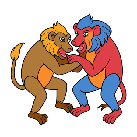 Two cartoon monkeys interacting with each other against a white backgroundのイラスト素材