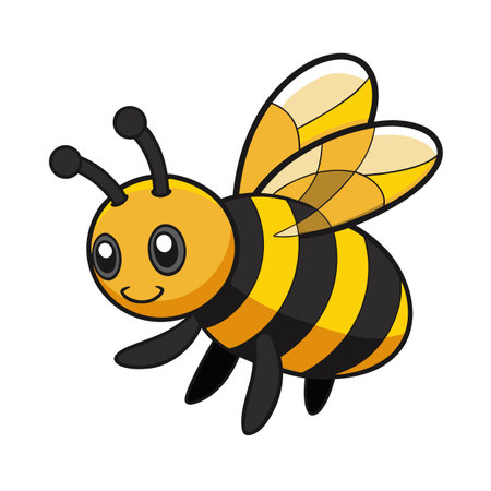 Cheerful Cartoon Bee Character with Striped Body and Transparent Wings on White Backgroundのイラスト素材