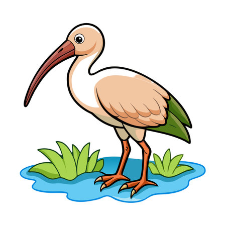 Cartoon White Ibis Standing in Water with Green Grass Illustrationのイラスト素材