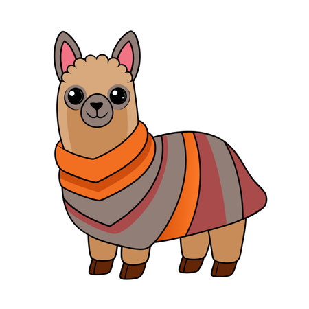 Stylized alpaca illustration with knitted poncho on white background for childrenのイラスト素材