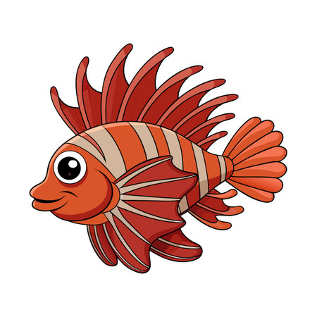 Cartoon Lionfish Illustration with Stripes and Spikes on a White Backgroundのイラスト素材