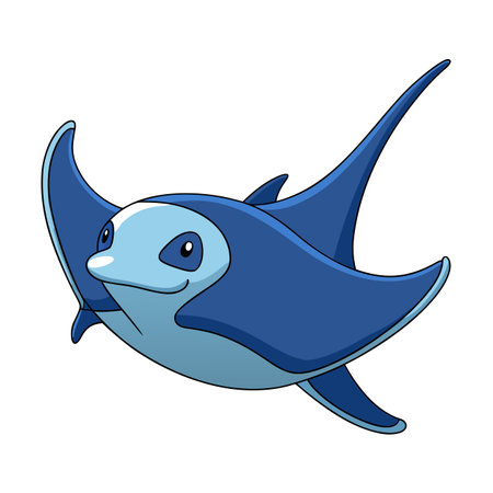 Illustration of a cute cartoon stingray swimming gracefully against a white background