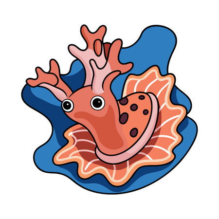 Cute sea slug cartoon character surrounded by coral reef and colorful seaweedのイラスト素材