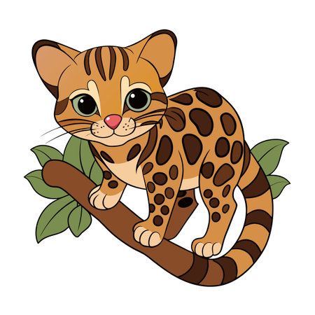 Cute Cartoon Leopard Cat Cub on a Branch with Leaves Illustrationのイラスト素材