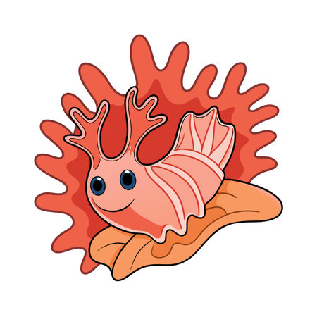 Cartoon Sea Slug Smiling Among Red Coral and Orange Plant Life Illustrationのイラスト素材