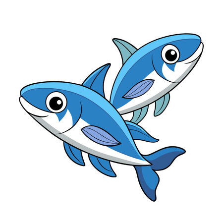 Two cheerful blue fish swimming together in a vibrant cartoon style illustrationのイラスト素材