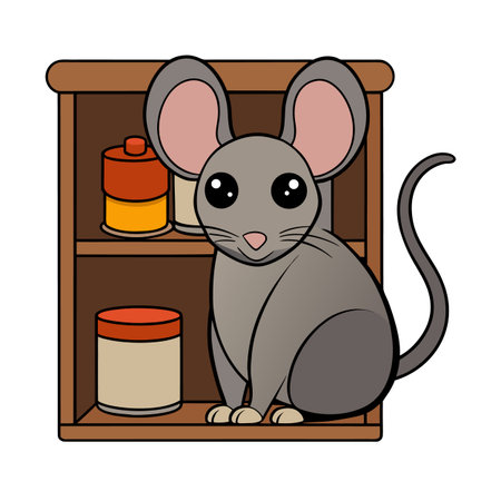 Cartoon mouse illustration with curious expression sitting near a wooden shelfのイラスト素材