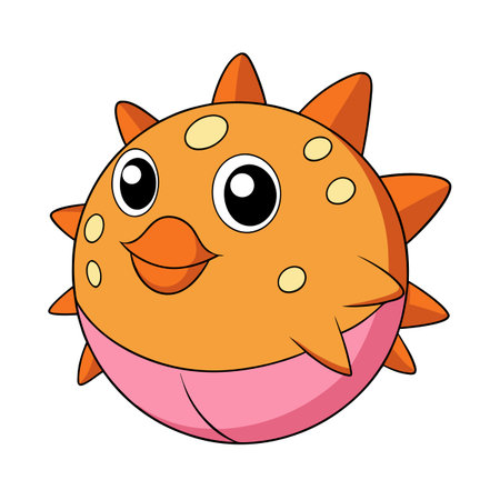 Cartoon pufferfish character with orange spikes and a smiling expressionのイラスト素材