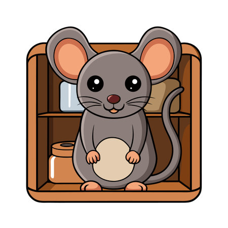 Cute Cartoon Mouse with Big Eyes in a Wooden Pantryのイラスト素材