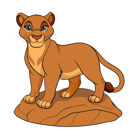Cartoon lioness illustration standing on a rock looking forward isolated on whiteのイラスト素材