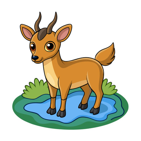 Cartoon Dik-Dik Antelope Standing in a Water Hole with Green Grassのイラスト素材
