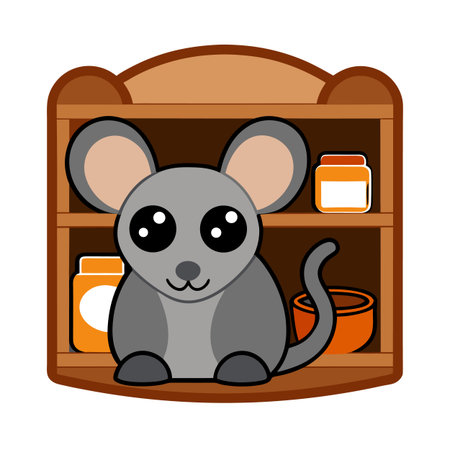 Cartoon mouse in front of brown shelf with orange container elementsのイラスト素材