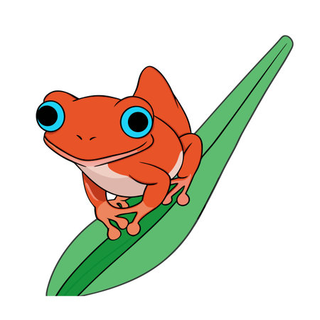 Orange cartoon frog sitting on a vibrant green leaf illustration with outlineのイラスト素材