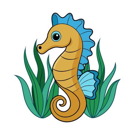 Cartoon seahorse with blue fins surrounded by green seaweed on white backgroundのイラスト素材