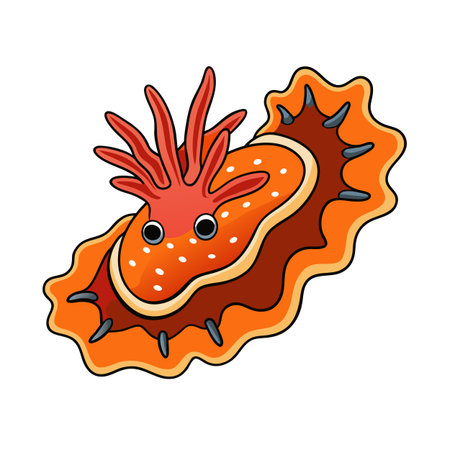 Cartoon nudibranch in orange tones, white dots and black outlined against whiteのイラスト素材