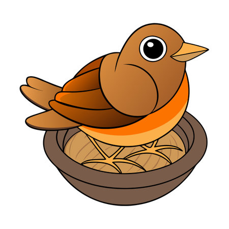 Cartoon illustration of a small bird sitting comfortably in a brown nestのイラスト素材