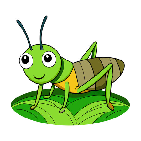 Cute cartoon green grasshopper on a leaf with a friendly smile illustrationのイラスト素材