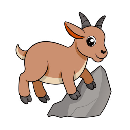 Cute cartoon goat standing on a rock, isolated on white backgroundのイラスト素材