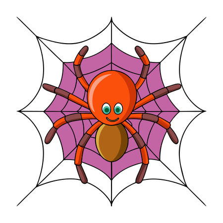 Cartoon spider on web against lilac backdrop creating playful Halloween aestheticのイラスト素材