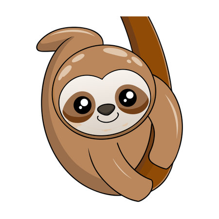 Cute cartoon sloth hanging from a tree branch, simple and cheerfulのイラスト素材