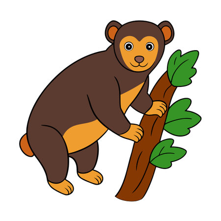 Cartoon monkey climbing a tree branch with leaves illustration on white backgroundのイラスト素材