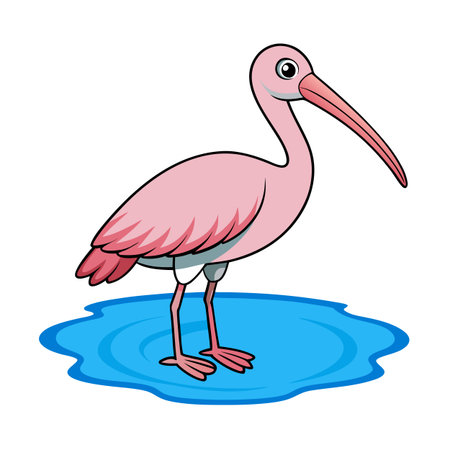 Cartoon Ibis Standing in Blue Water Puddle: A Vibrant Wildlife Illustrationのイラスト素材
