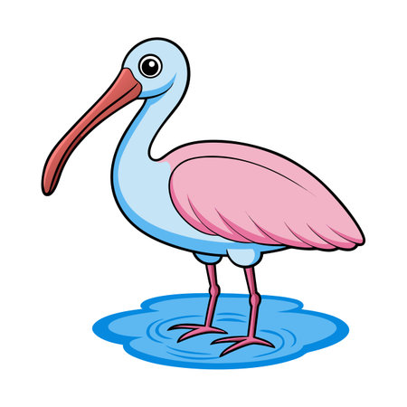 Cartoon Ibis Illustration: Pink and Blue Bird in Water Puddleのイラスト素材