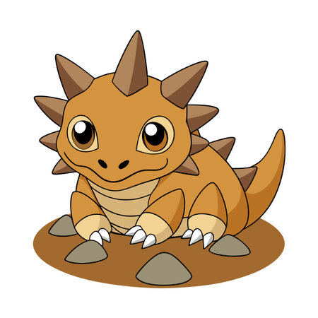 Cartoon Ankylosaurus Character Resting on Earthy Ground with Rocks and Cute Featuresのイラスト素材