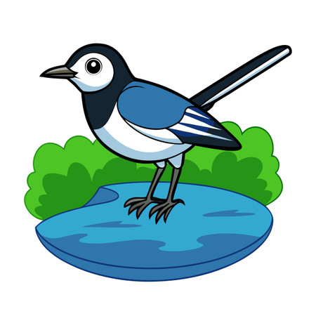 Cartoon Magpie Illustration Standing on Blue Rock with Green Bushes Backgroundのイラスト素材