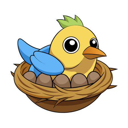 Cartoon illustration of a bird nesting eggs, in a cute and simple styleのイラスト素材