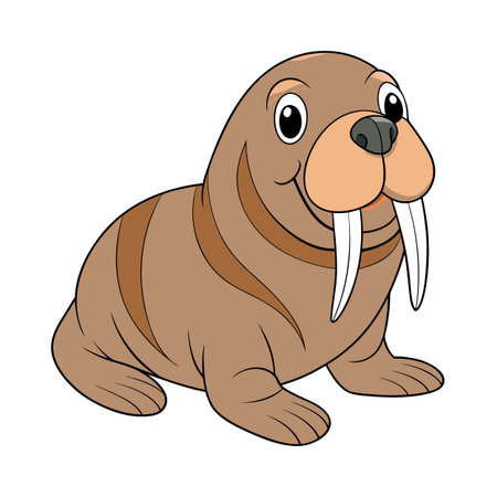 Cartoon Walrus Illustration with Distinctive Tusks and Playful Expression on a White Backgroundのイラスト素材