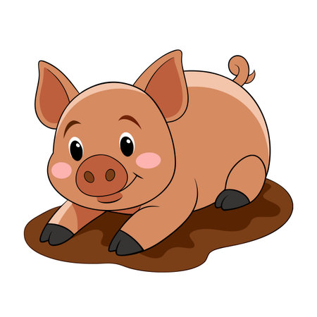 Cartoon piglet happily playing in a puddle of mud, adorable vector illustrationのイラスト素材