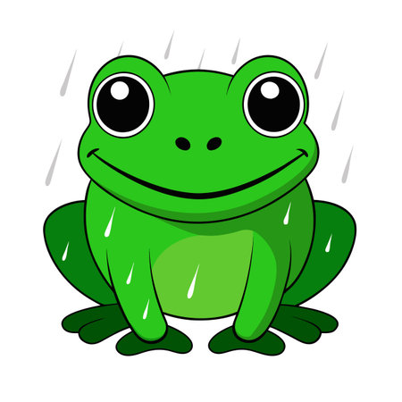 Cartoon green frog with big eyes sitting in the rain illustrationのイラスト素材