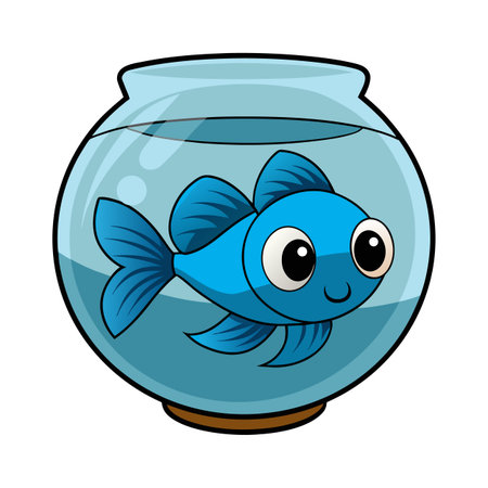 Cute cartoon blue fish swimming in a clear glass fishbowl illustrationのイラスト素材