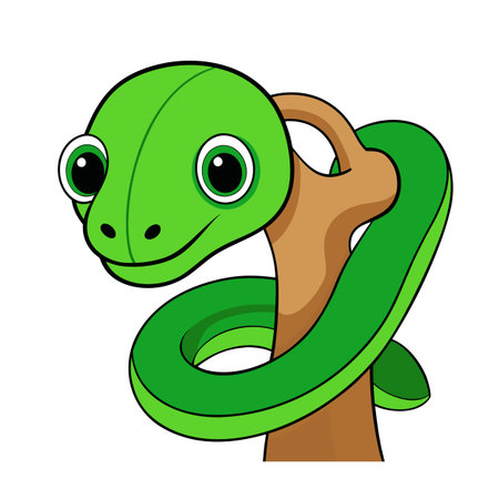 Friendly Cartoon Snake Wrapped Around a Brown Branch Isolated on White Backgroundのイラスト素材