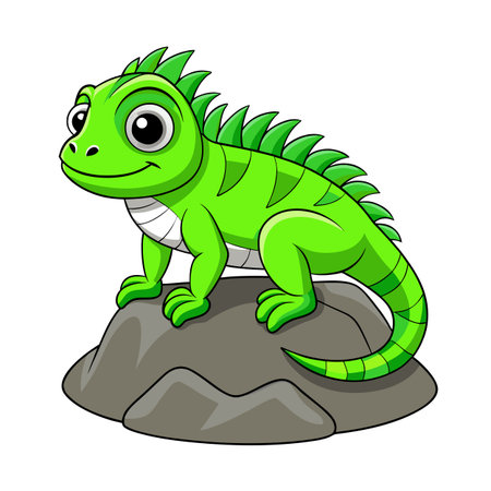Cartoon Green Iguana Standing Proudly on a Rock, Bright and Playfulのイラスト素材