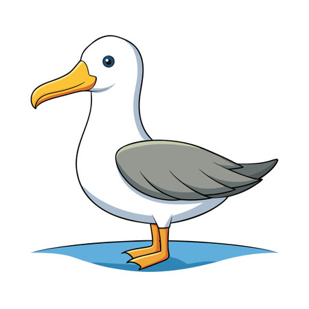 Cartoon seagull standing on blue water simple illustration against a white backgroundのイラスト素材