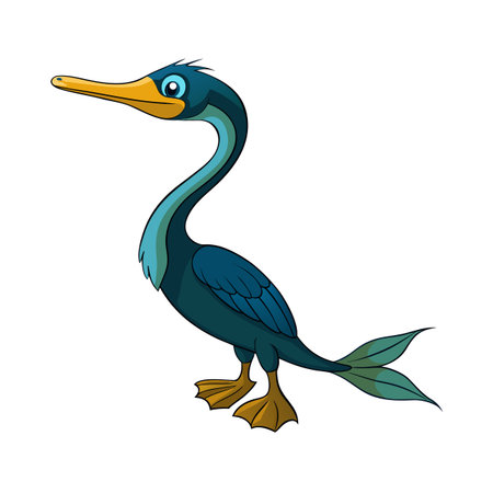Cartoon cormorant illustration with long neck in full view on white backgroundのイラスト素材